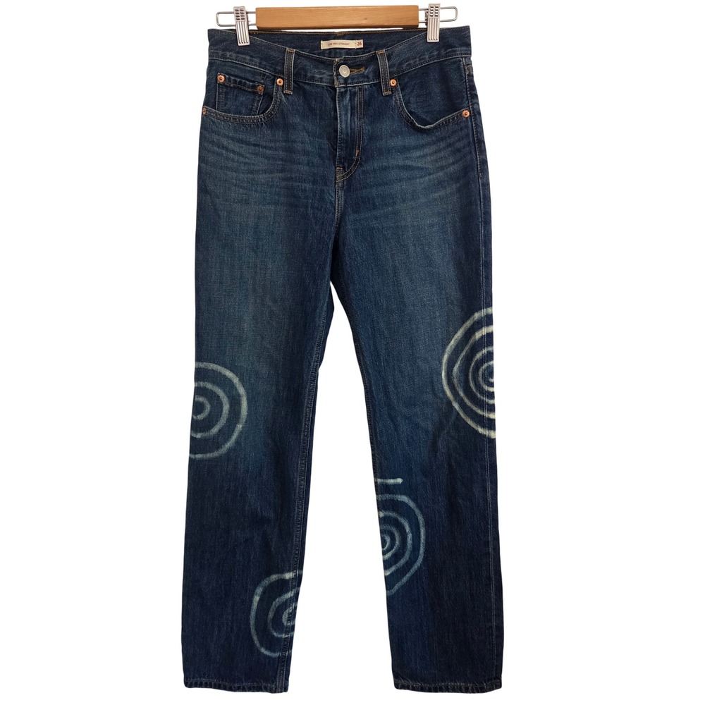 Levis Low Pro Straight Jeans Size 26 Dark‎ Wash Bleached Star Spiral Design